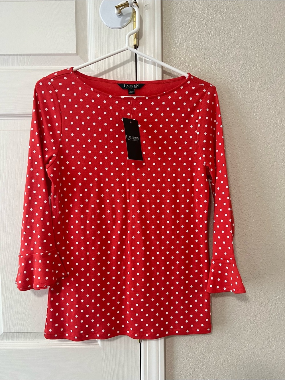 Lauren Ralph Lauren Red White Polka Dot Bell Sleeve Top NWT Womenโs L